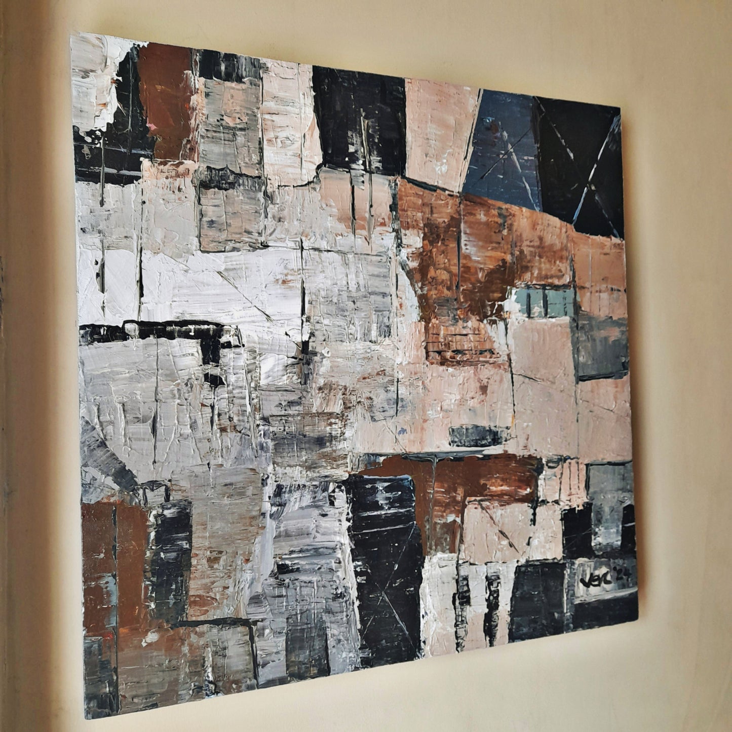 Rustic Painting Neutral Geometric Abstract Rusticum By Vercmagnus Original Art